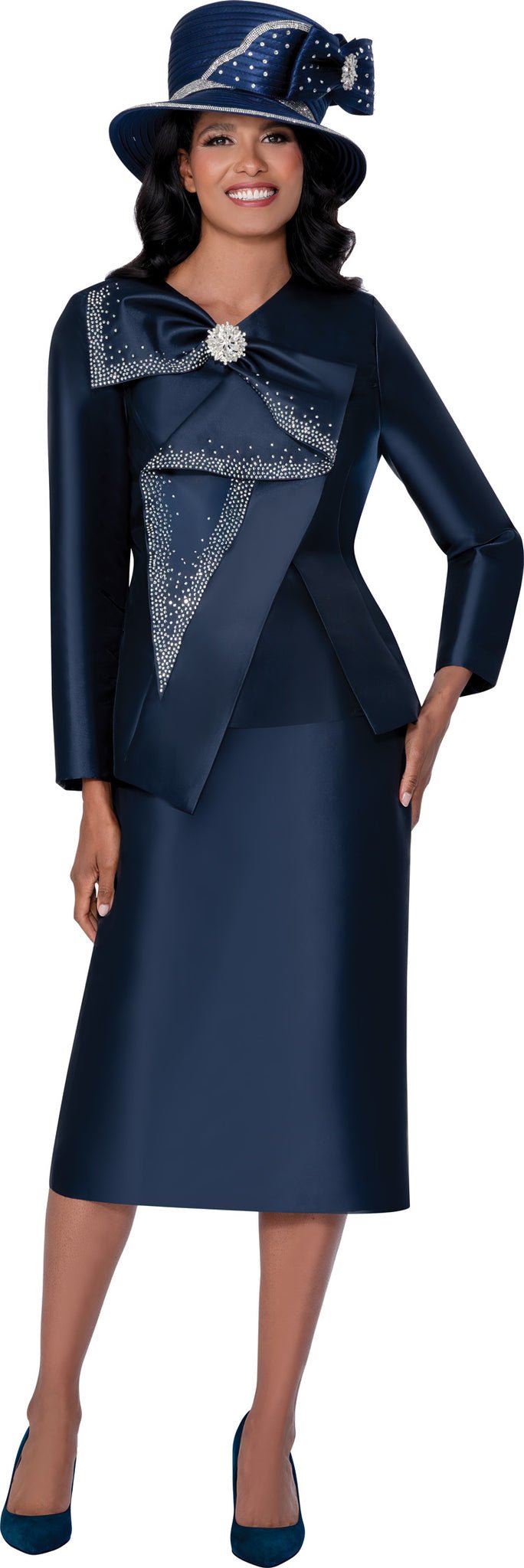 Three Piece Skirt Suit with Sparkle Trim Bow Collar and Rhinestone Center G400593 - Especially Yours