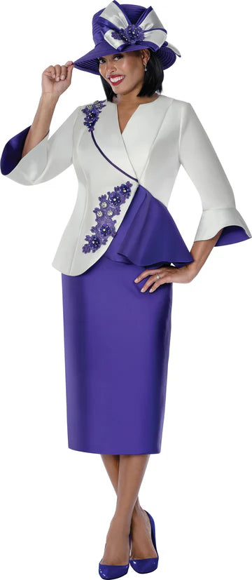 Purple & Ivory Floral Applique Peplum Church Suit