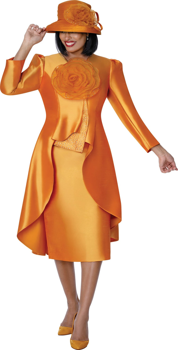 Elegant Orange Satin 2 - Piece Church Suit with Rhinestone Rosette & Jacket G401712 - Especially Yours
