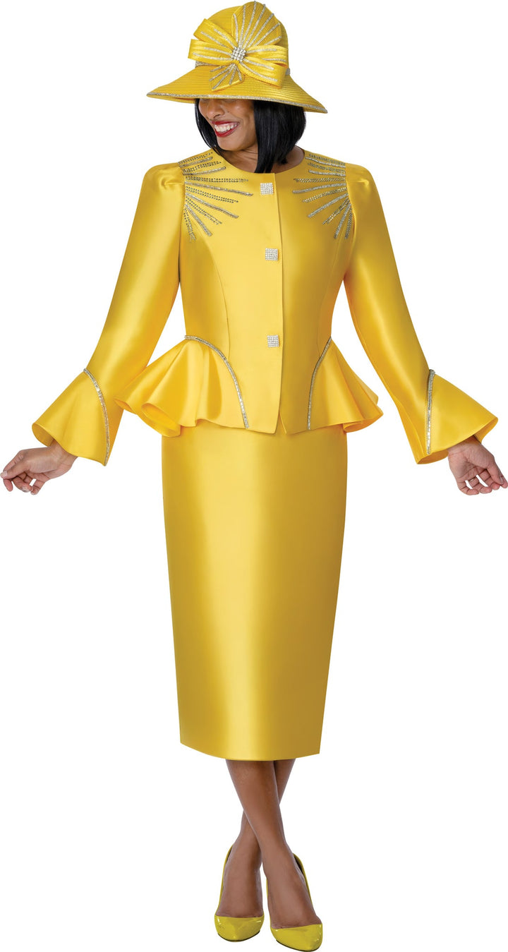 Sunburst Rhinestone Peplum Suit Set in Vibrant Yellow G401742 - Especially Yours