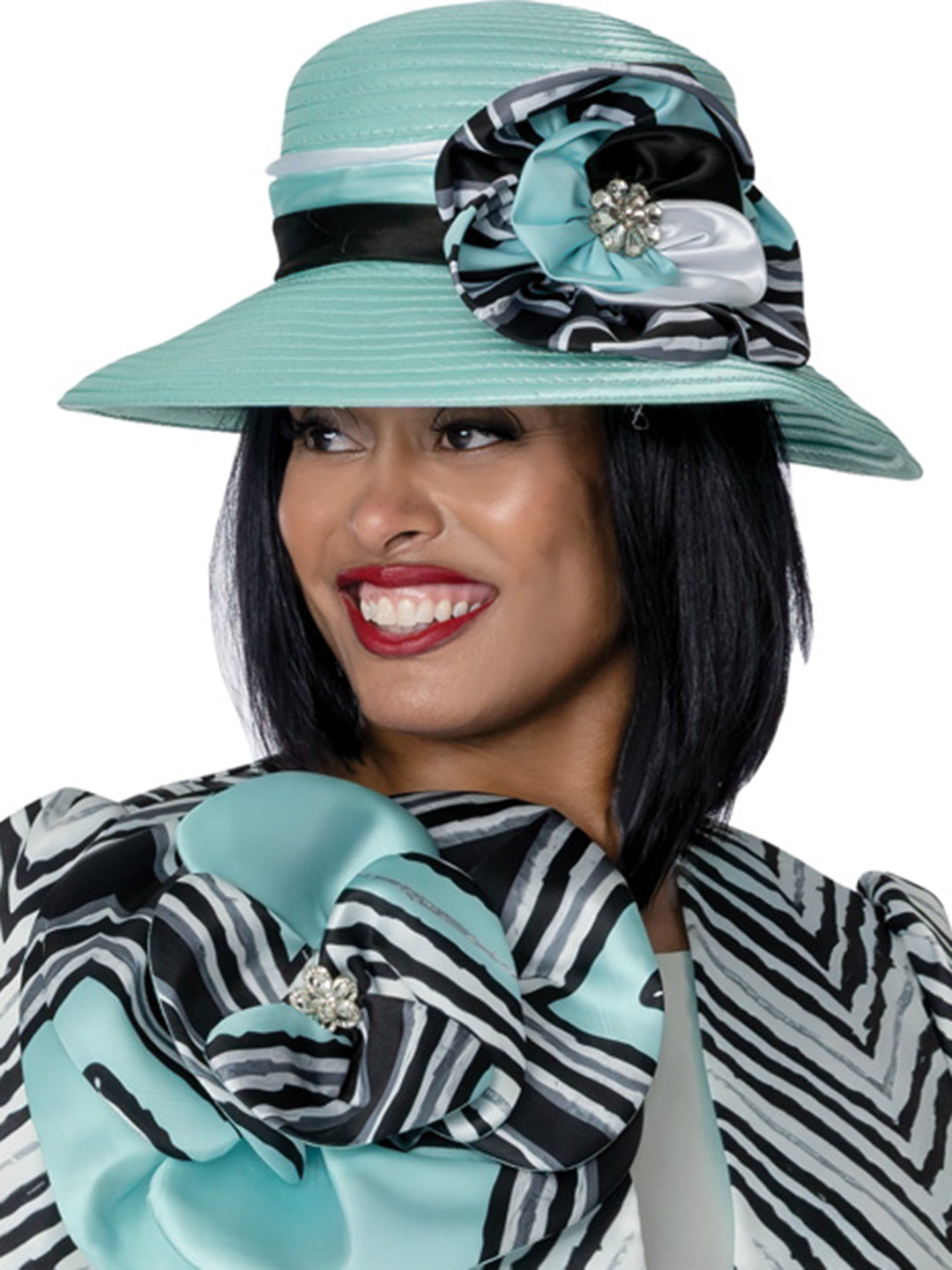 Mint & Black Striped Floral Church Hat – Elegant Wide - Brim Occasion Millinery G401773H - Especially Yours