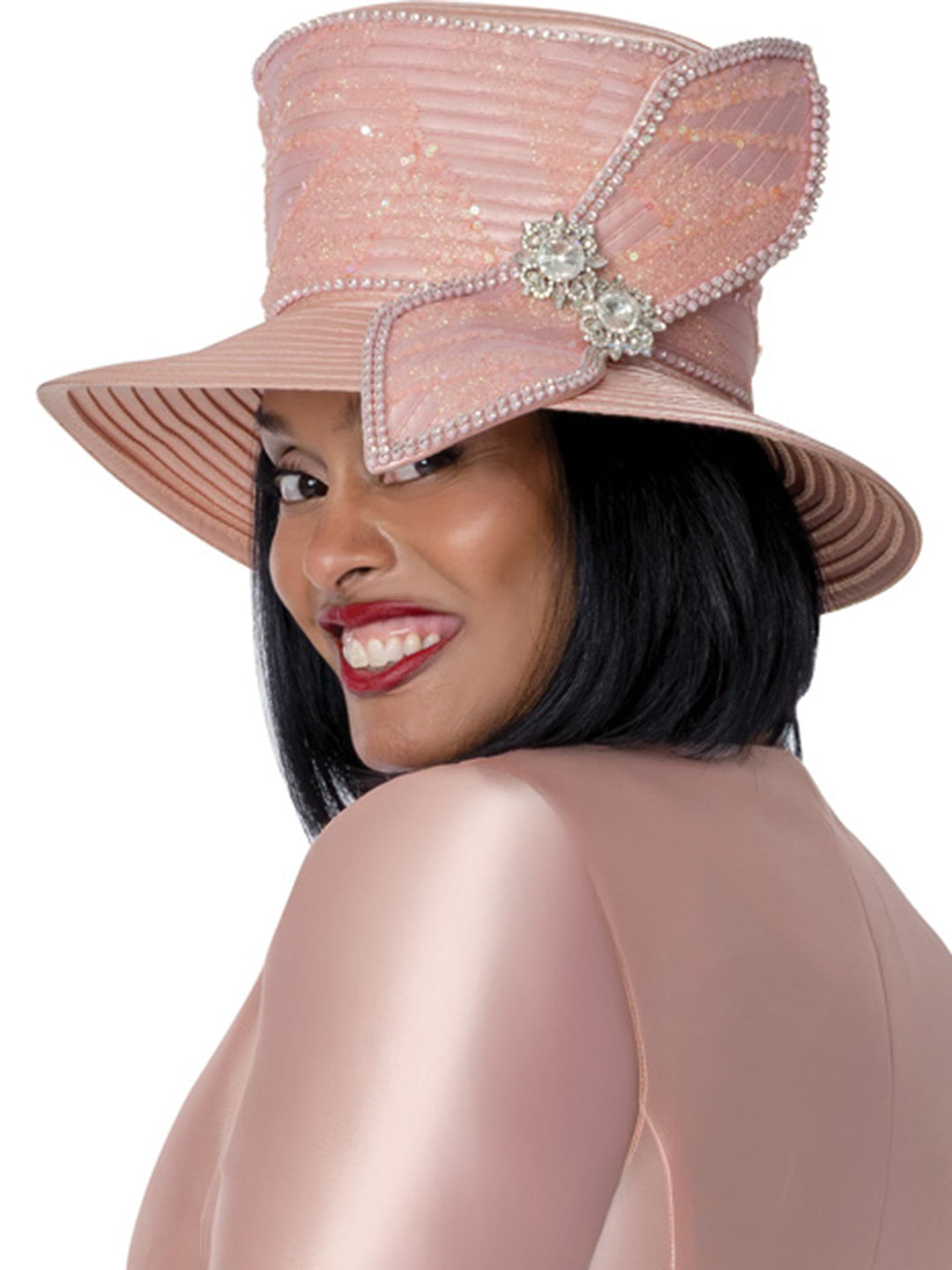 Blush Pink Sequin Church Hat with Rhinestone Brooch & Bow Accent G401792H - Especially Yours