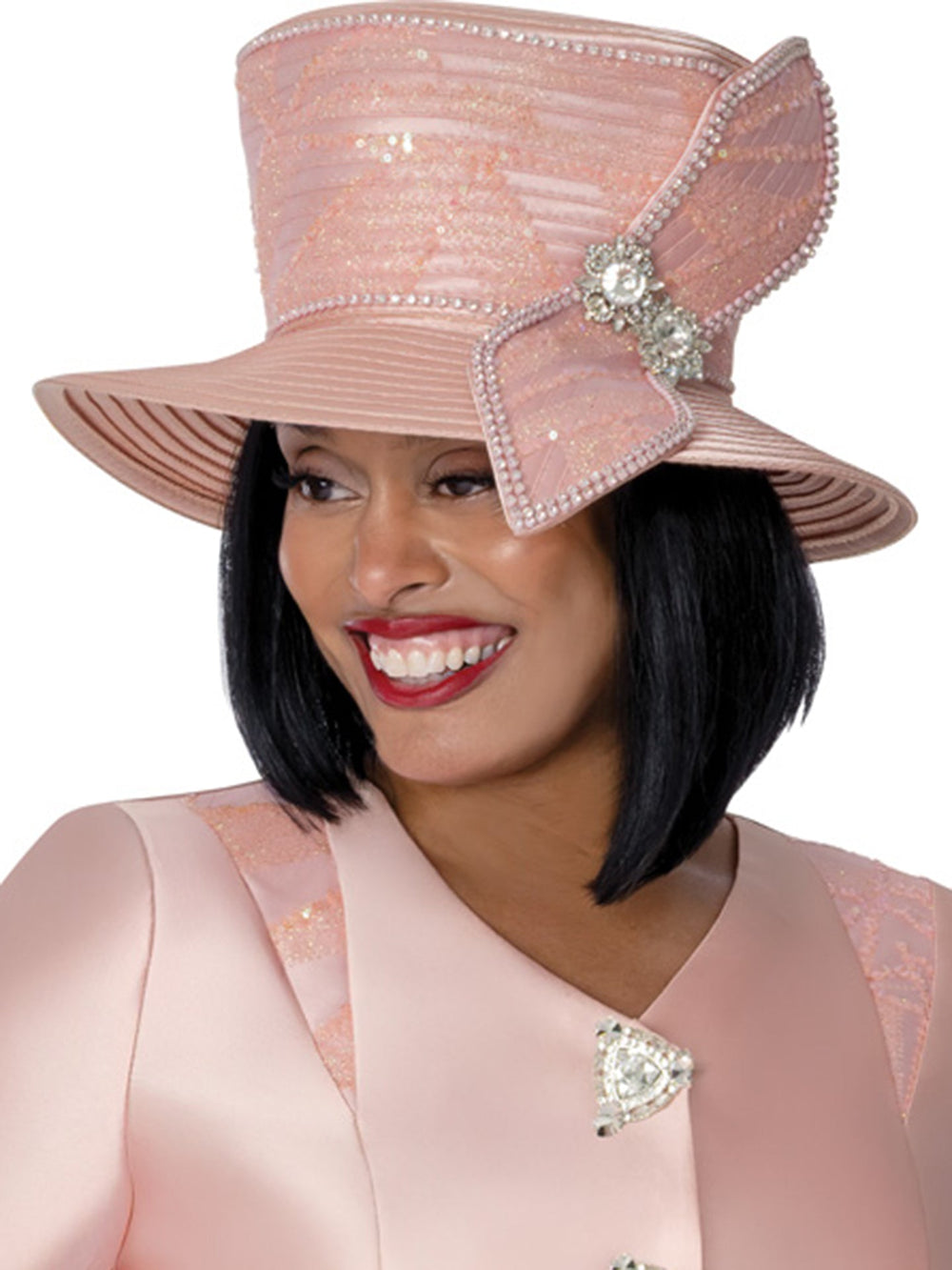 Blush Pink Sequin Church Hat with Rhinestone Brooch & Bow Accent G401792H - Especially Yours