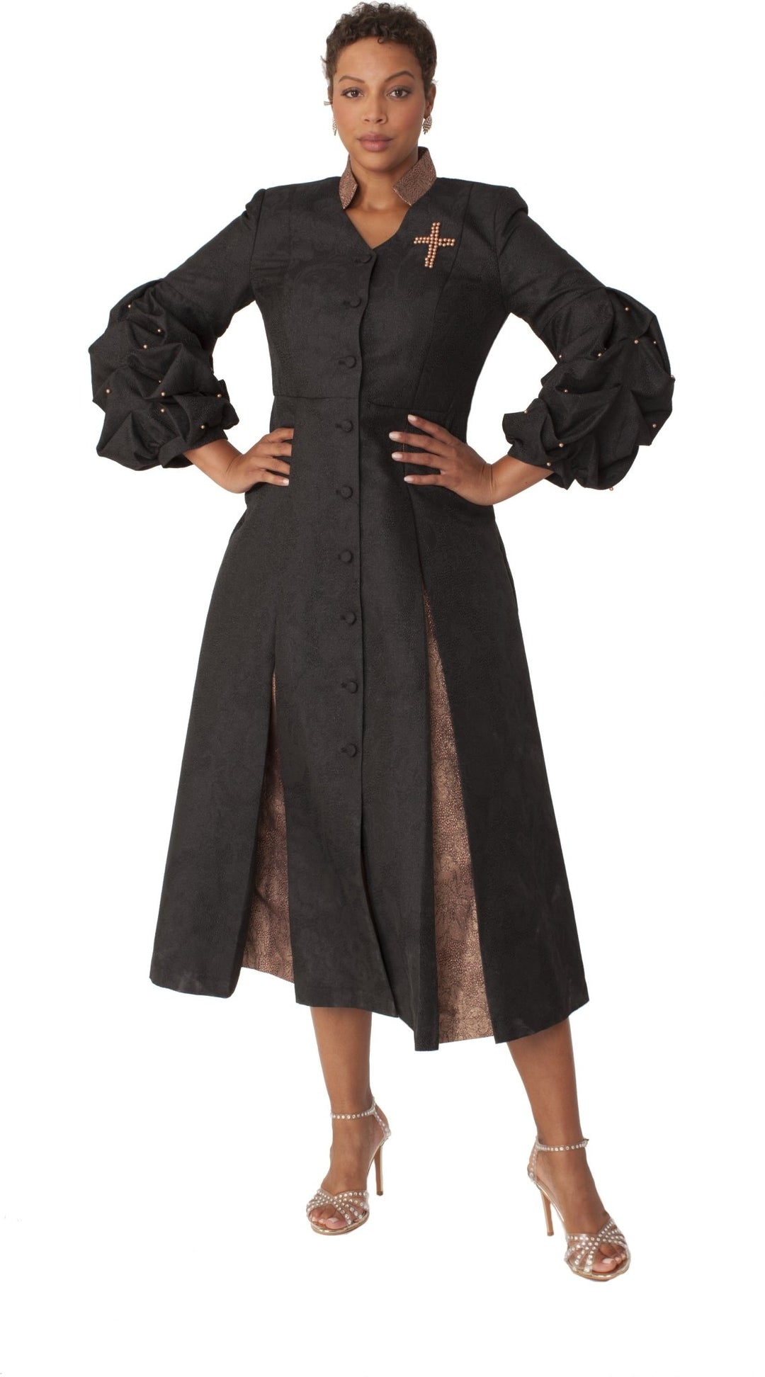 Plus Size Formal Church Coat Dress with Puff Sleeves and Pearl Cross – 4850W - Especially Yours