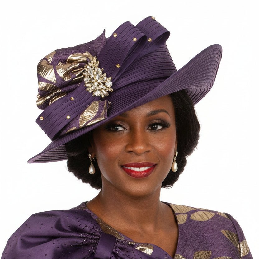 Sculpted Wavy Brim Hat with Gold Jeweled Brooch