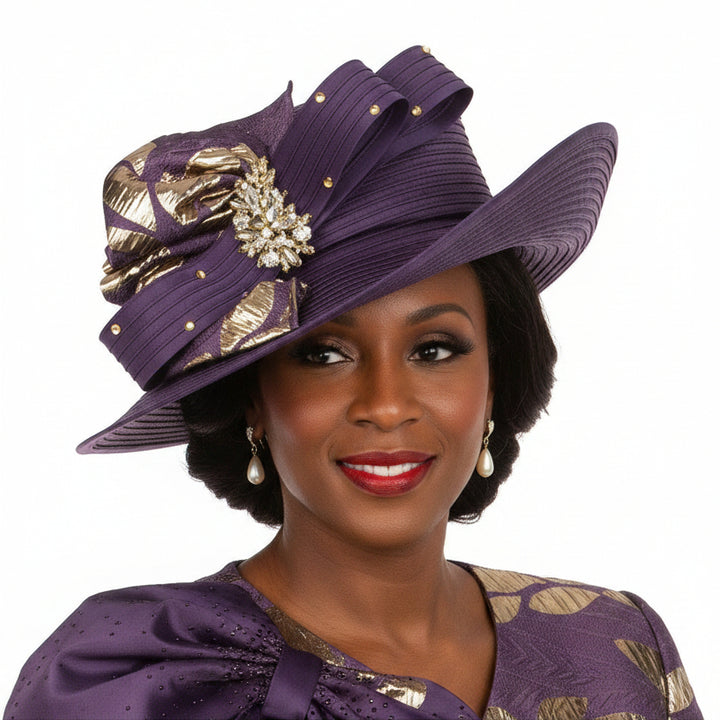 Sculpted Wavy Brim Hat with Gold Jeweled Brooch