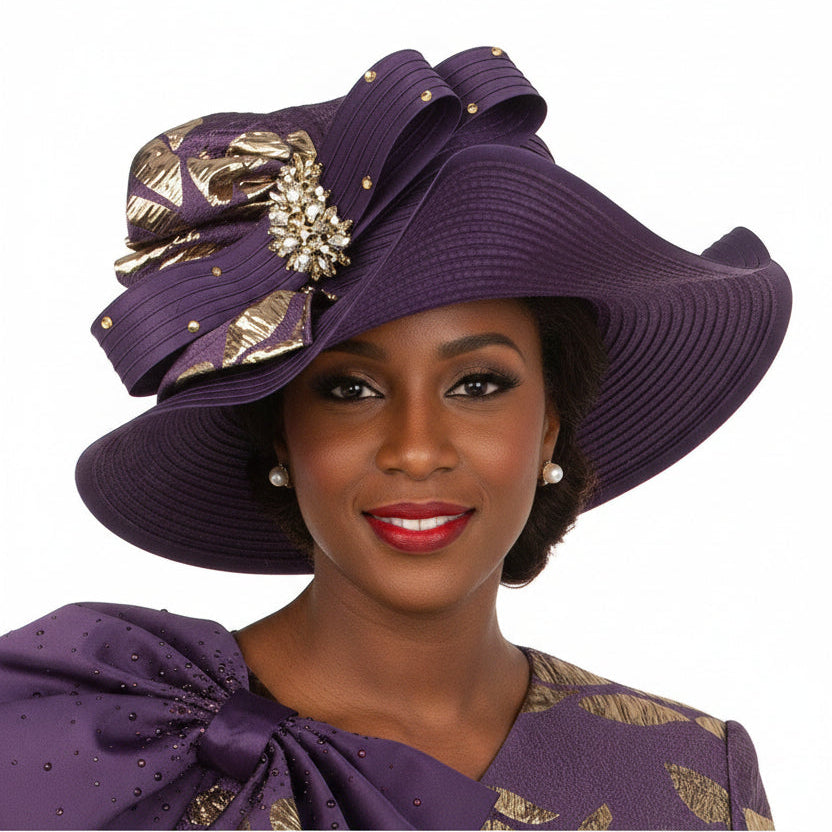 Sculpted Wavy Brim Hat with Gold Jeweled Brooch