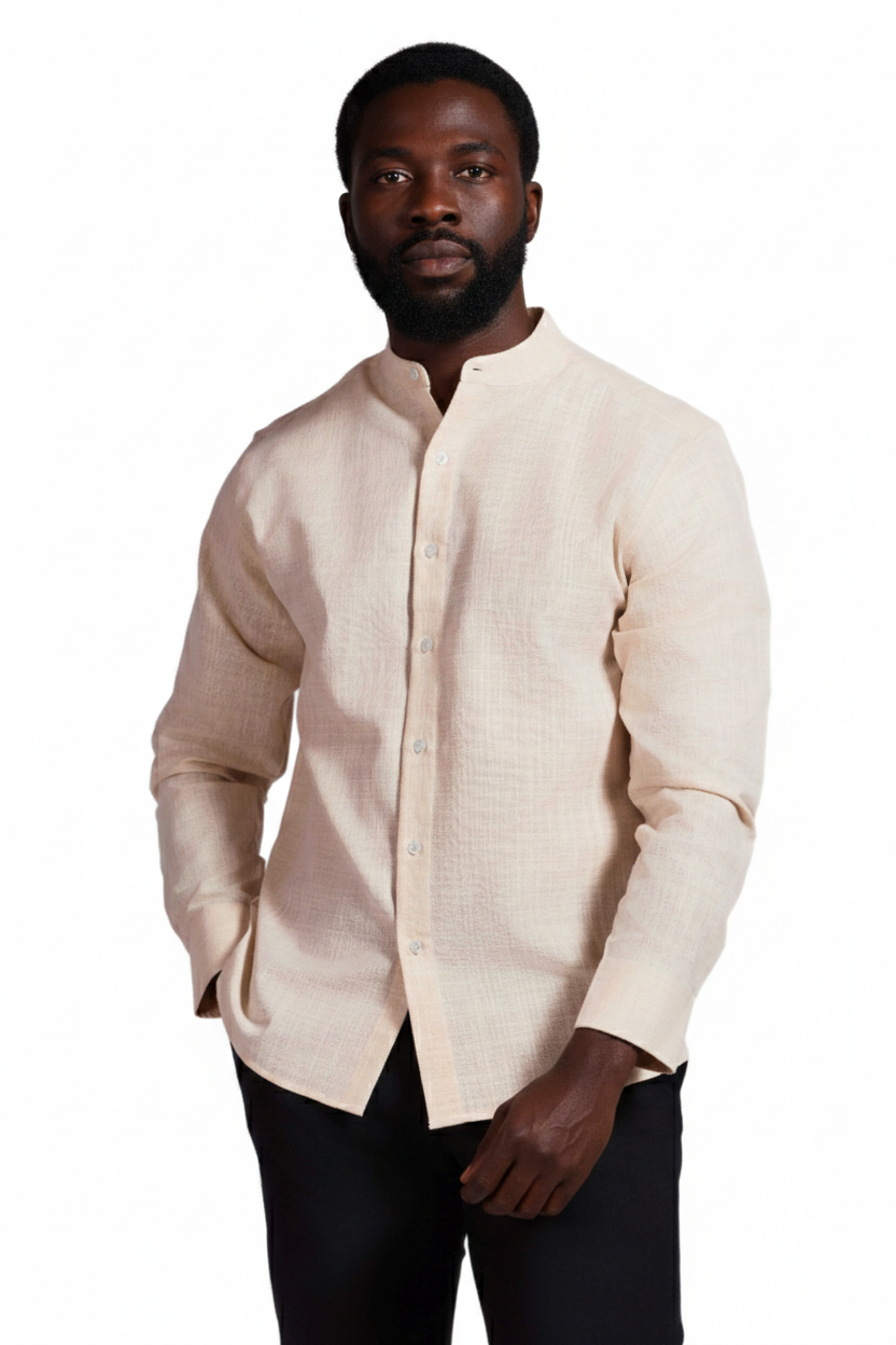 Men's Linen Blend Mandarin Collar Long Sleeve Shirt