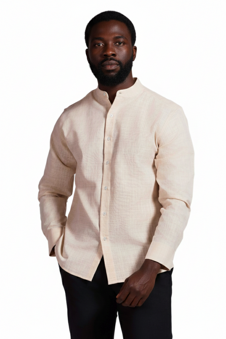 Men's Linen Blend Mandarin Collar Long Sleeve Shirt