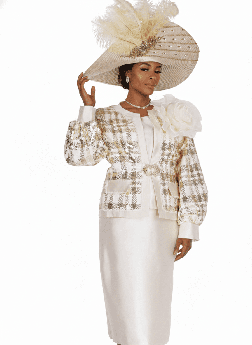 Elite Champagne Plaid Sequin Skirt Suit with Organza Flower Brooch - Especially Yours