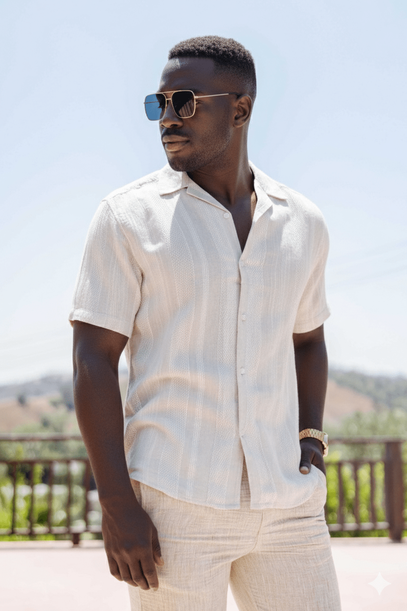 Men's Resort Style Casual Striped Multi - Texture Weave Linen Blend Shirt - Especially Yours