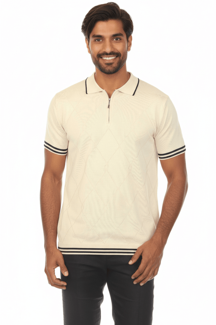 Men's Stylish Premium Knit Textured Polo Shirt with Stripe Accents - Especially Yours