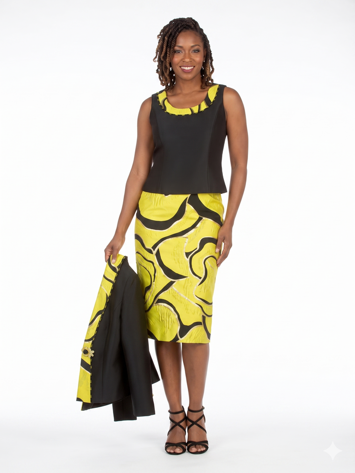 3pc Brocade+Silky Twill Skirt Suit w/ Beads-Plus