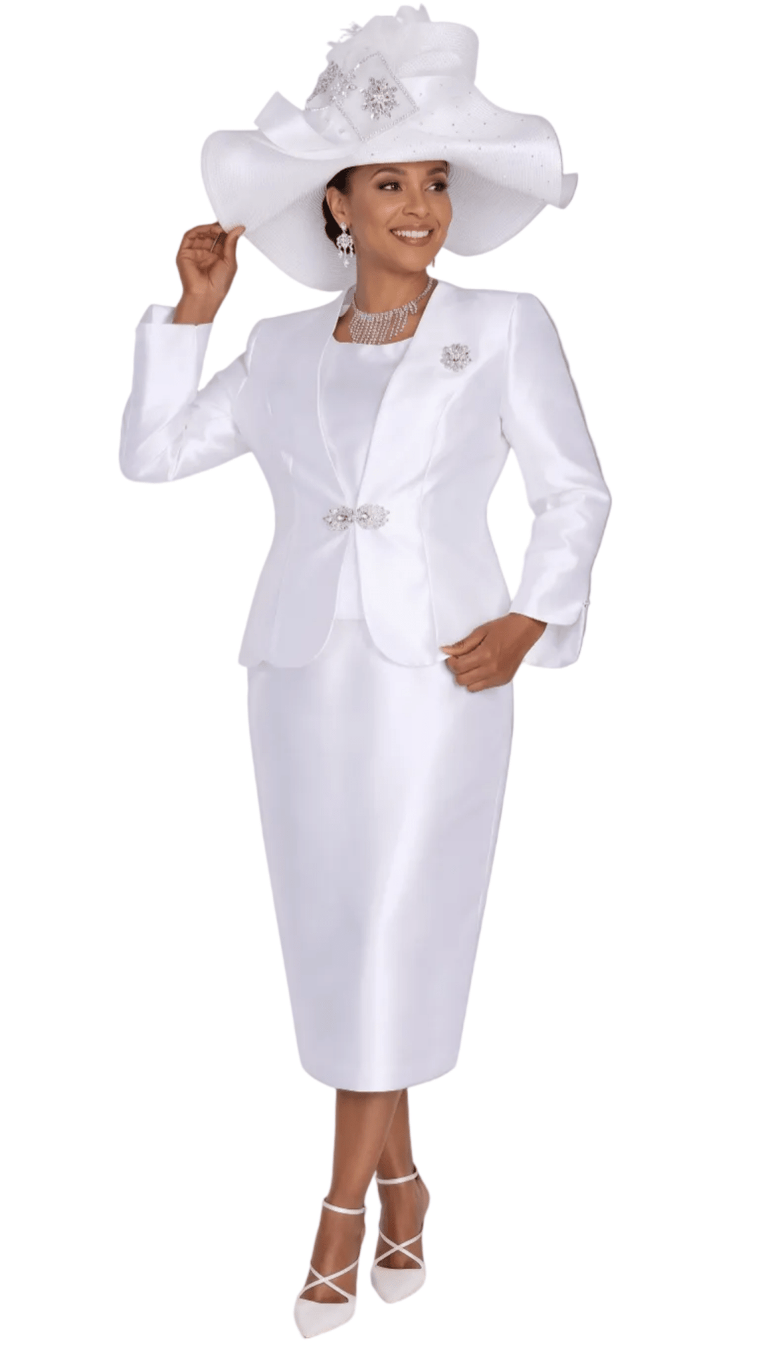 Elegant White Three-Piece Skirt Suit with Rhinestone Brooch for Women 6262 - Especially Yours