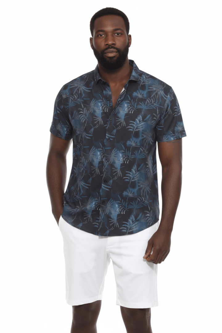 Men’s Navy Palm Short Sleeve Stretch Shirt - Especially Yours