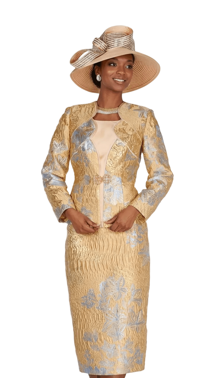 Gold and Blue Floral Brocade Church Suit with Ruched Skirt - Champagne Italy