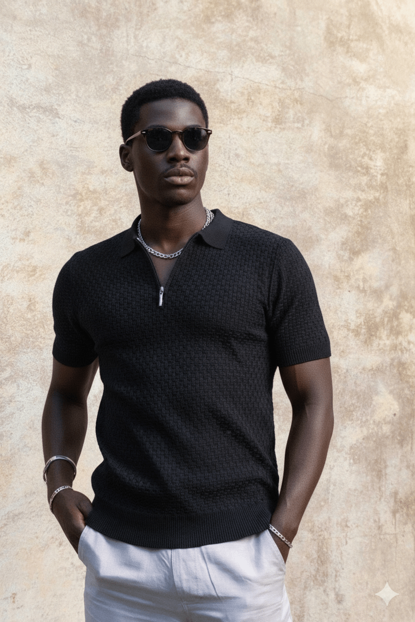 Men's Stylish Premium Knit Textured Polo Shirt with Stripe Accents - Especially Yours
