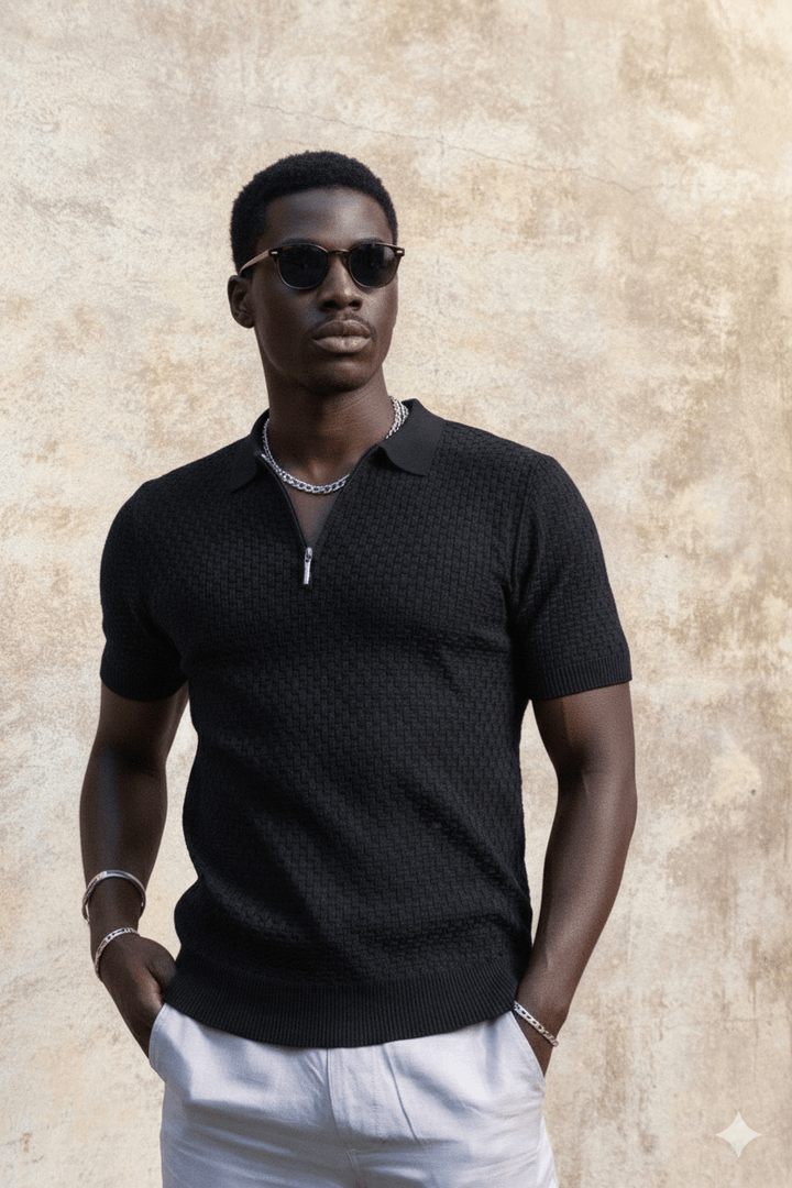 Men's Stylish Premium Knit Textured Polo Shirt with Stripe Accents - Especially Yours