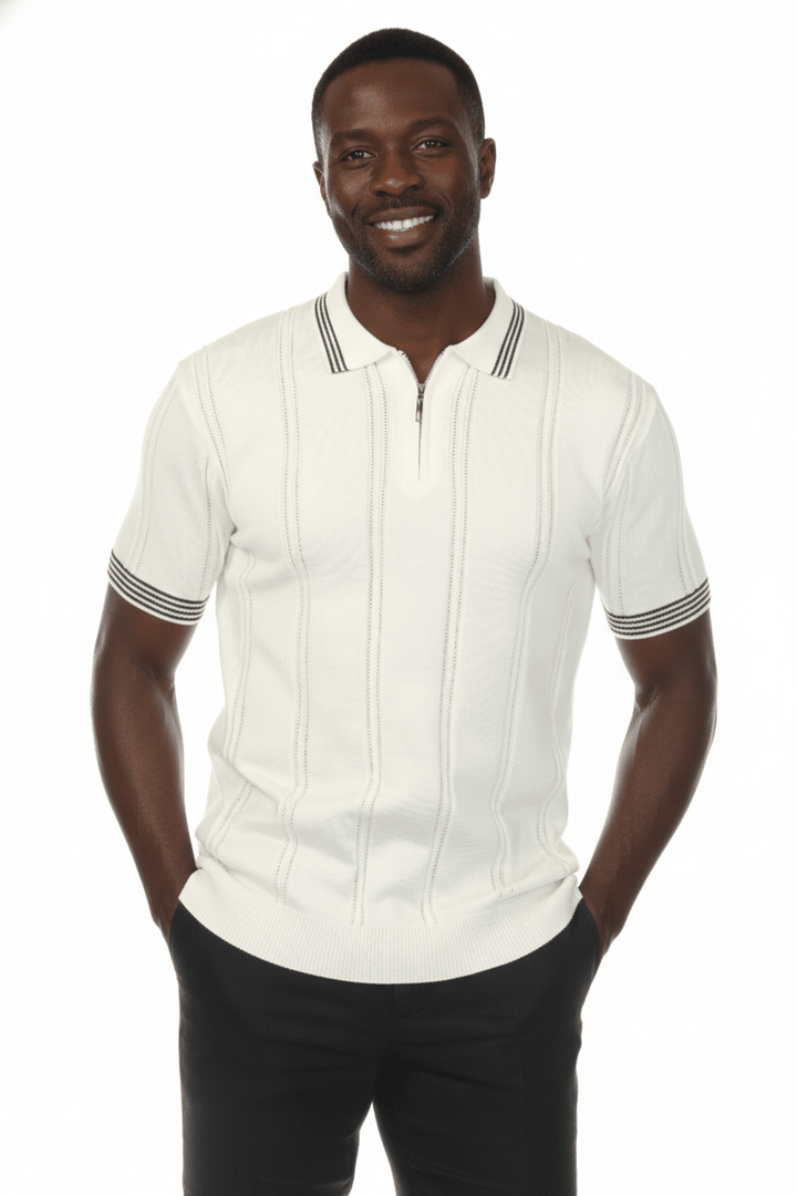 Men's Stylish Premium Knit Textured Polo Shirt with Stripe Accents - Especially Yours