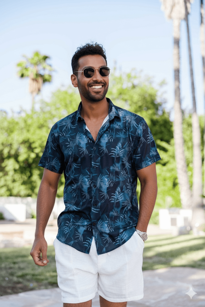 Men’s Navy Palm Short Sleeve Stretch Shirt - Especially Yours