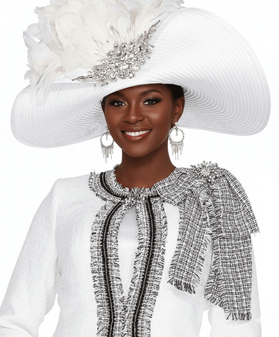 Elegant White Wide Brim Church Hat with Floral Embellishments for Women - Especially Yours