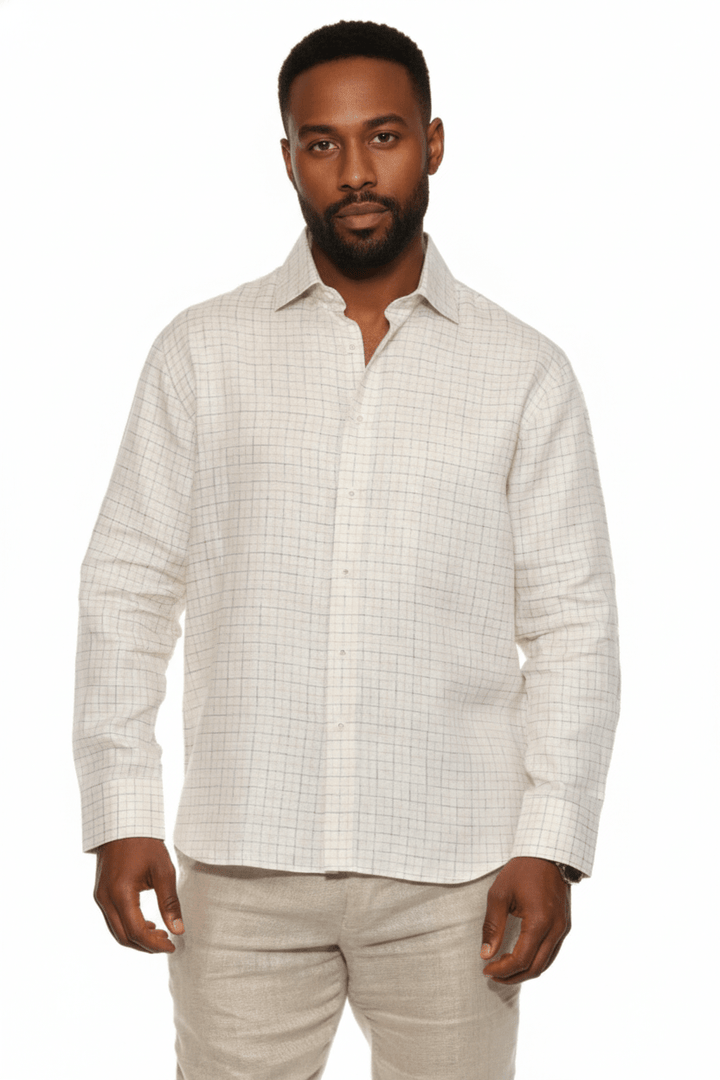 Men’s 100% Linen Long Sleeve Gray Checkered Button - Down Shirt - Especially Yours