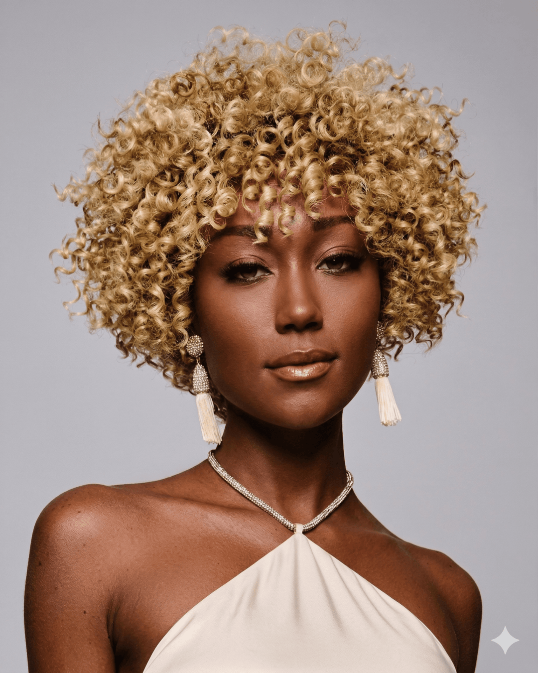 Zahra blonde curly afro lace front wig Kim Kimble – tight coiled curls warm blonde front view | Especially Yours