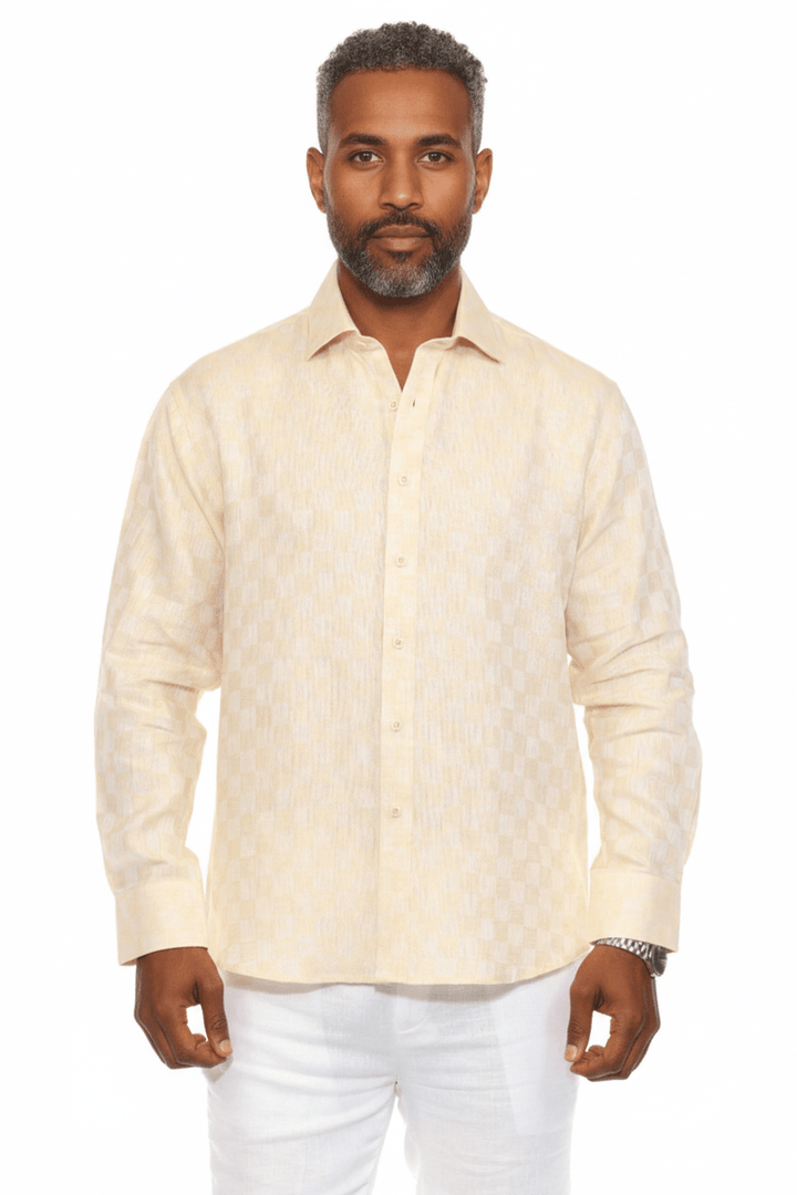 Men’s 100% Linen Long Sleeve Beige Checkered Button - Down Shirt - Especially Yours