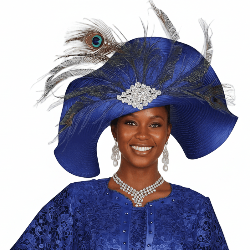 Stunning Wide Brim Church Hat with Elegant Peacock Feather & Rhinestone Embellishments - Especially Yours