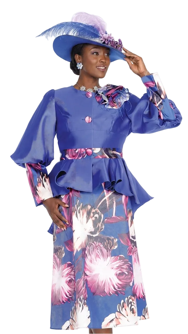 Chic Floral Print Skirt Suit with Peplum Jacket, Royal Accents, & Brooch