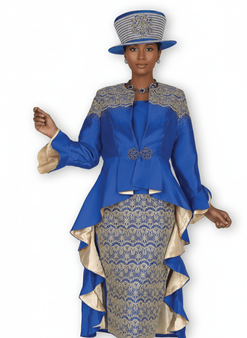 Elegant Gold & White Lace Embroidered Three - Piece Skirt Suit with Peplum - Especially Yours