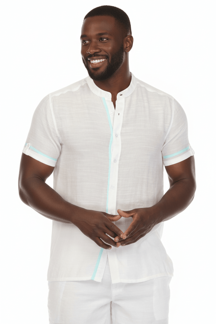 Men's Beach Mandarin Collar Button Down Two Tone Shirt Short Sleeve - Especially Yours