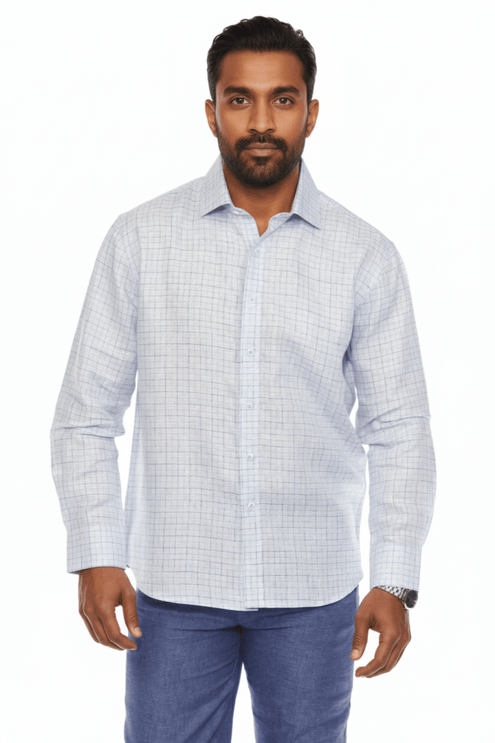 Men’s 100% Linen Long Sleeve Blue Checkered Button - Down Shirt - Especially Yours