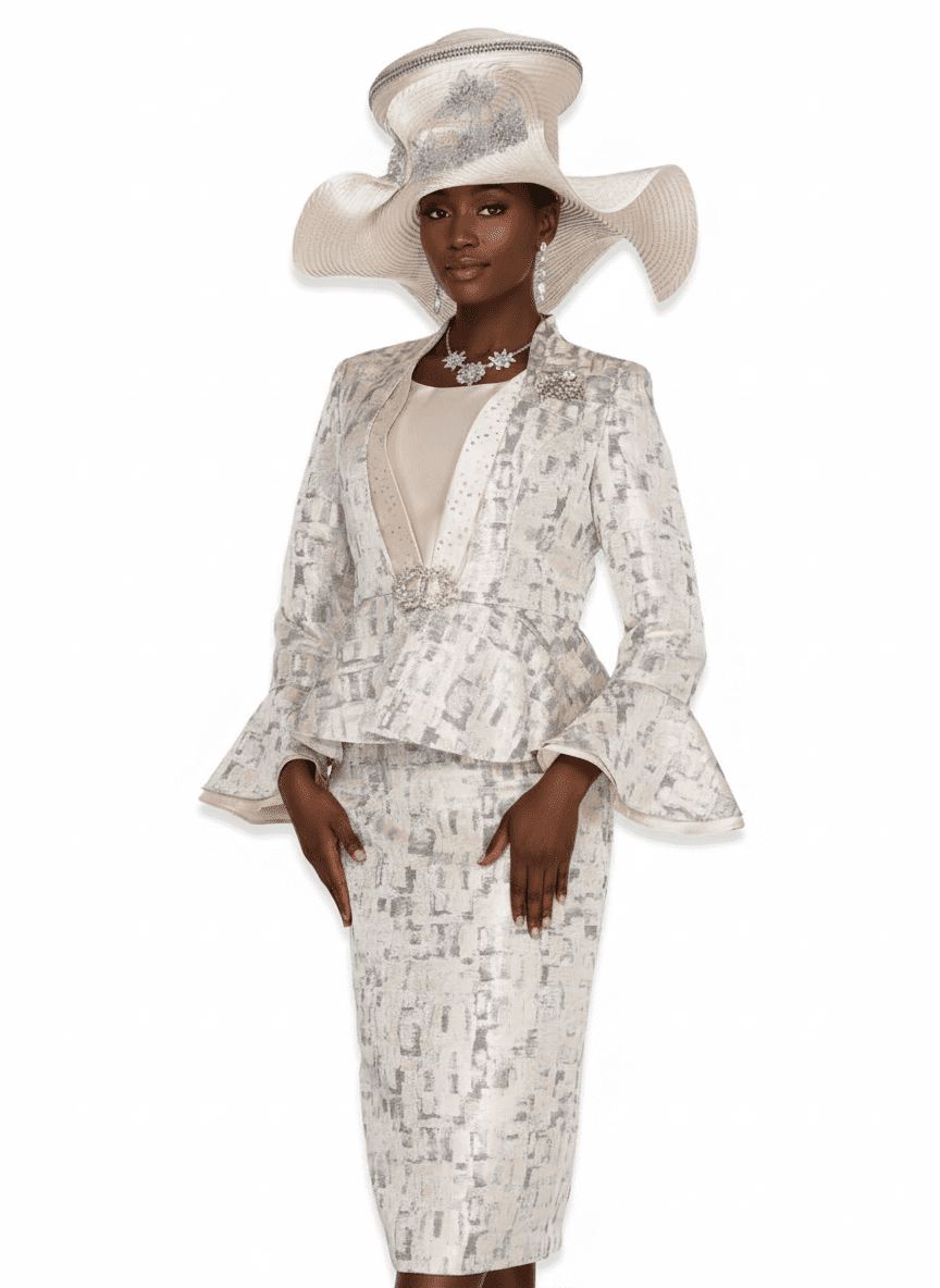 Chic Three - Piece Skirt Suit with Peplum Jacket and Dazzling Brooch - Especially Yours