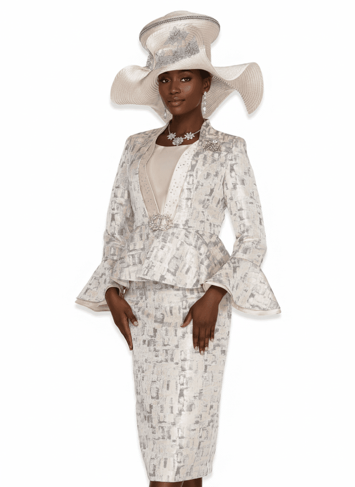 Chic Three - Piece Skirt Suit with Peplum Jacket and Dazzling Brooch - Especially Yours