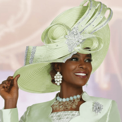 Elegant Mint Green Wide Brim Church Hat with Crystal Brooch & Scalloped Ribbon Accents H6218 - Especially Yours