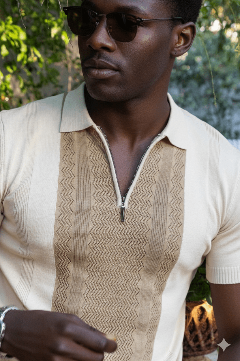 Men's Stylish Premium Knit Textured Polo Shirt with Stripe Accents - Especially Yours