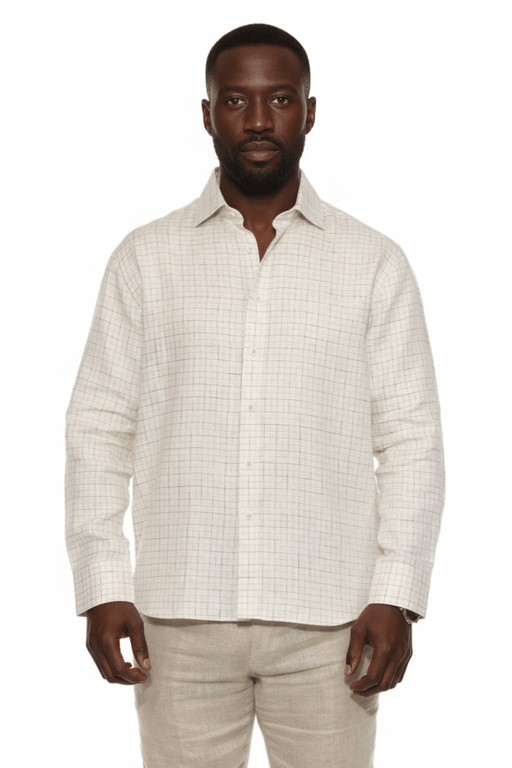 Men’s 100% Linen Long Sleeve Gray Checkered Button - Down Shirt - Especially Yours