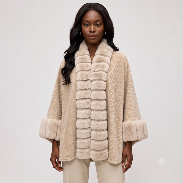 Textured Faux Fur Trimmed Cape Shawl S0508