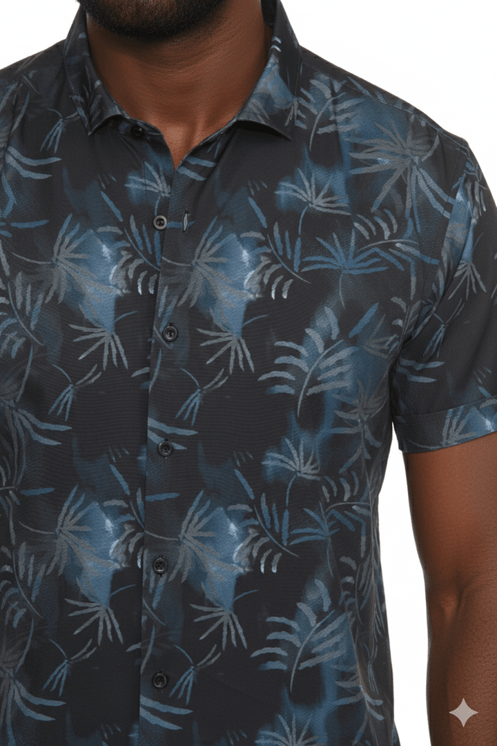 Men’s Navy Palm Short Sleeve Stretch Shirt - Especially Yours