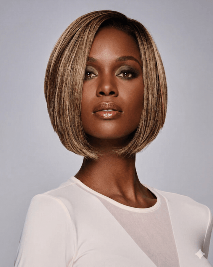 Amara sleek geometric bob lace front wig Kim Kimble – warm blonde highlights angled cut front view | Especially Yours