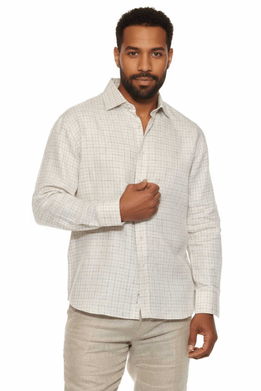 Men’s 100% Linen Long Sleeve Gray Checkered Button - Down Shirt - Especially Yours