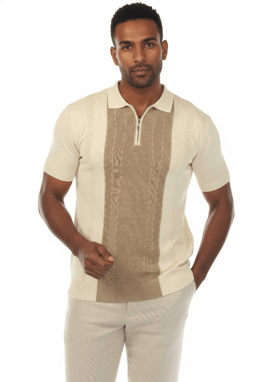 Men's Stylish Premium Knit Textured Polo Shirt with Stripe Accents - Especially Yours