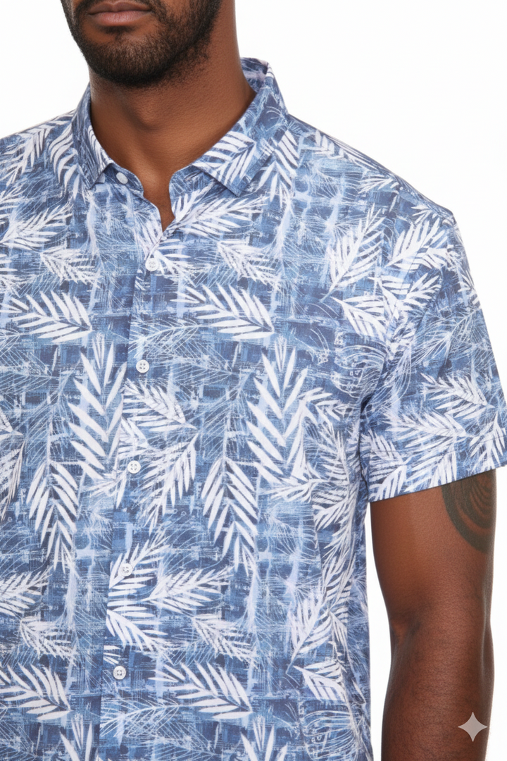 Men’s Blue Leaf Short Sleeve Stretch Shirt