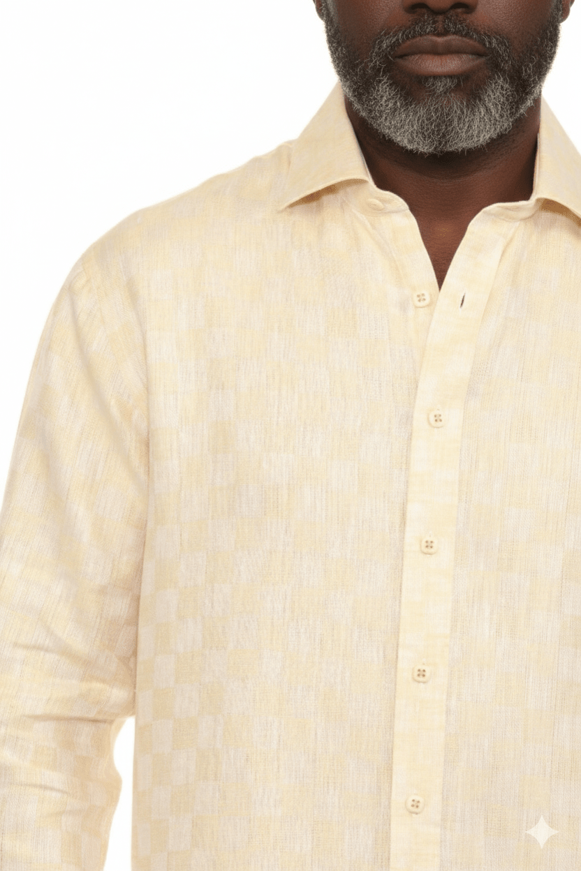 Men’s 100% Linen Long Sleeve Beige Checkered Button - Down Shirt - Especially Yours