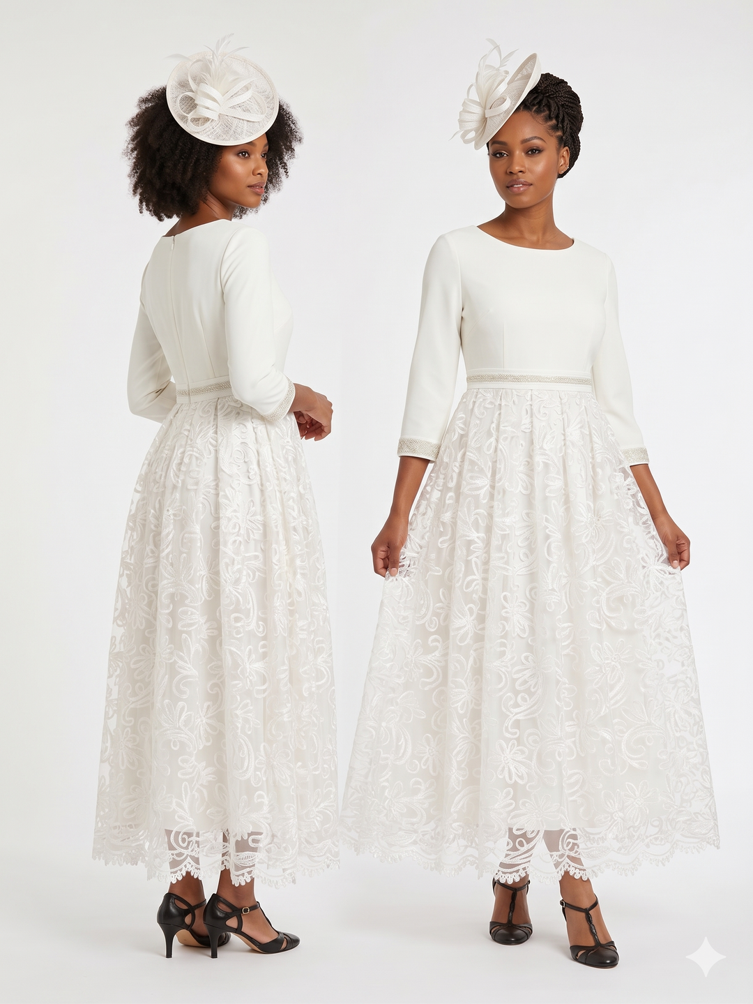 3/4 Slv Maxi Lace Overlay Dress w/ Rhinestoned Wai