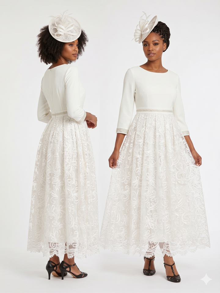 3/4 Slv Maxi Lace Overlay Dress w/ Rhinestoned Wai