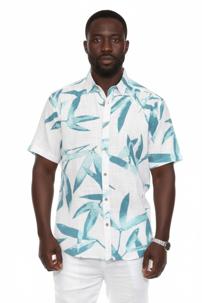 Men's Resort Style Casual Linen Blend Colorful Tropical Leaf Print Shirt - Especially Yours