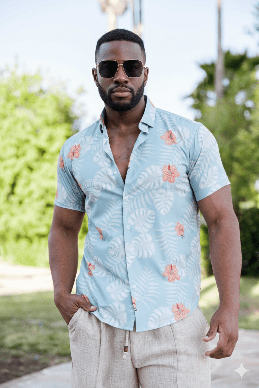Men’s Aqua Floral Short Sleeve Stretch Shirt - Especially Yours