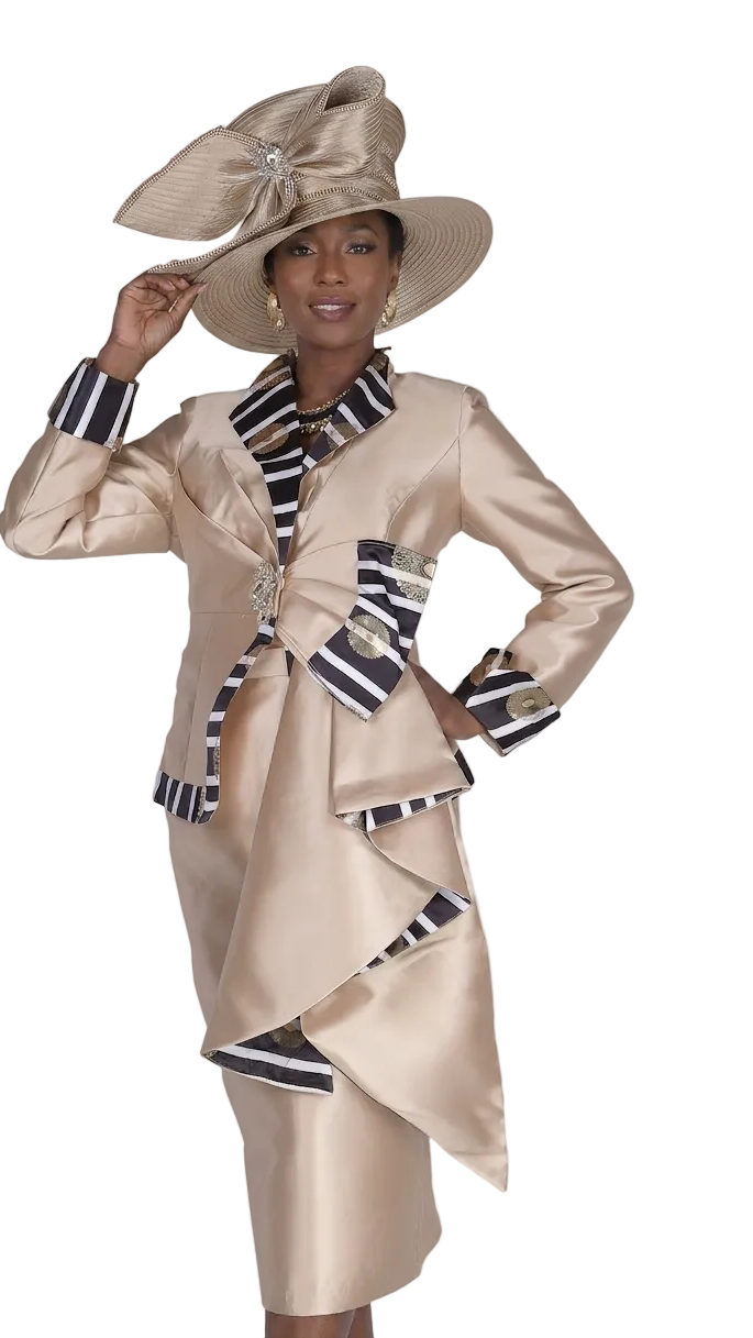 Champagne Italy 6118 Elegant Black Skirt Suit with Striped Trim